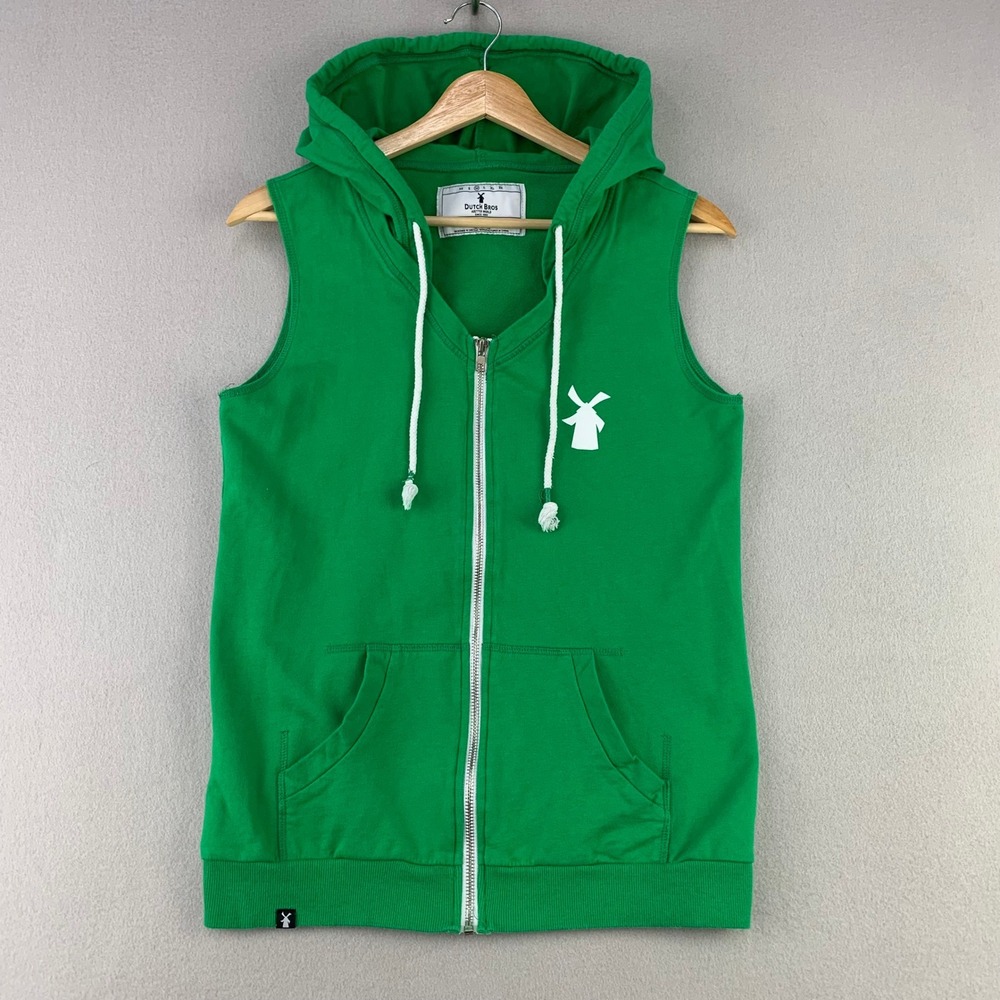 Dutch Bros Sleeveless Hoodie Womens M Green Full Zip Windmill Log Employee Y2K